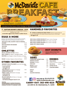 Breakfast Menu Summer 2022 May - August - Steinhatchee, FL - McDavids Cafe - Southern Food