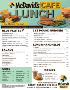 Lunch Menu Summer 2022 May - August - McDavids Cafe - Southern Food - Steinhatchee, FL